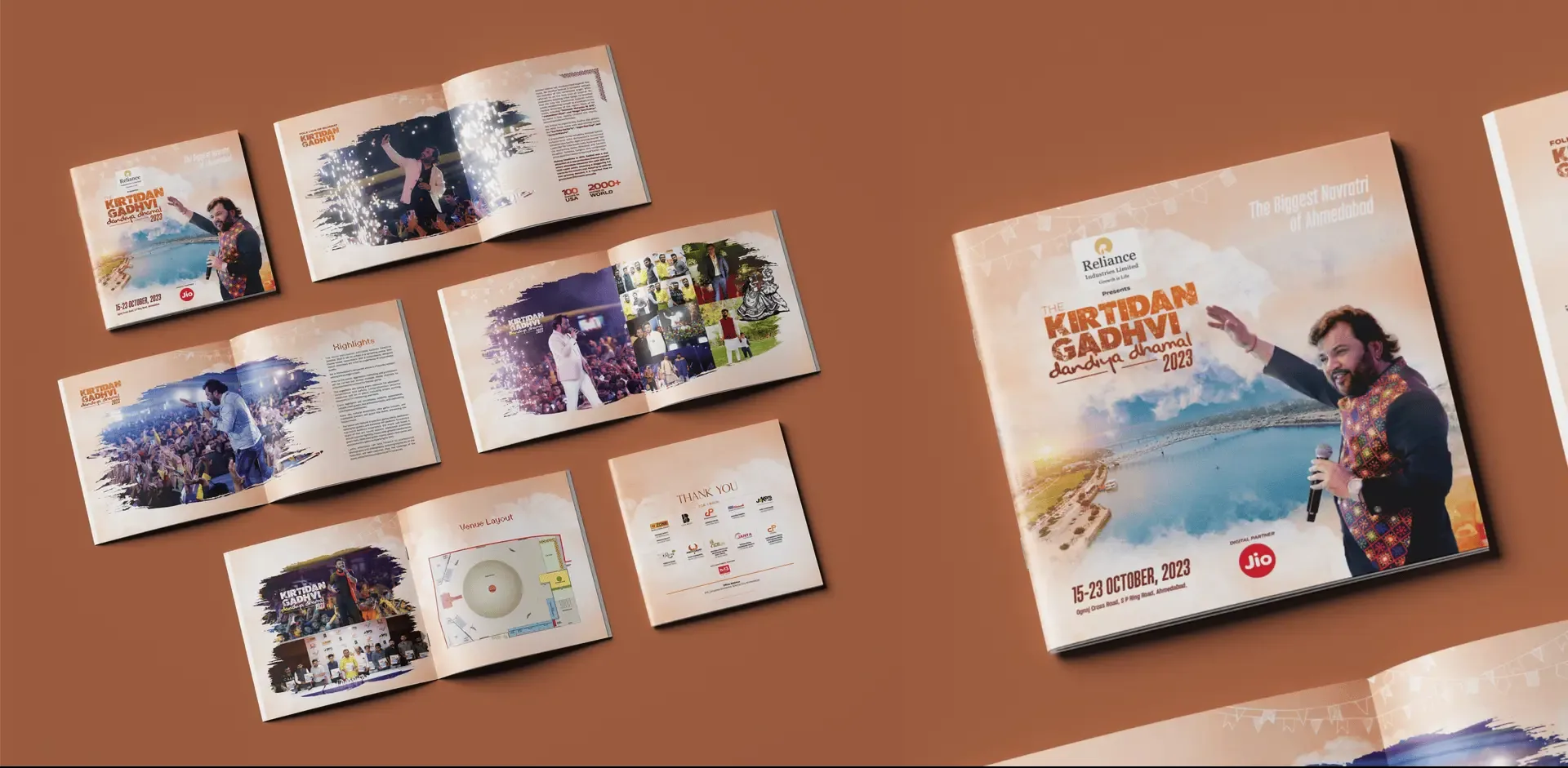 Garba festival event branding with stage design, hoardings, and promotional visuals in Ahmedabad