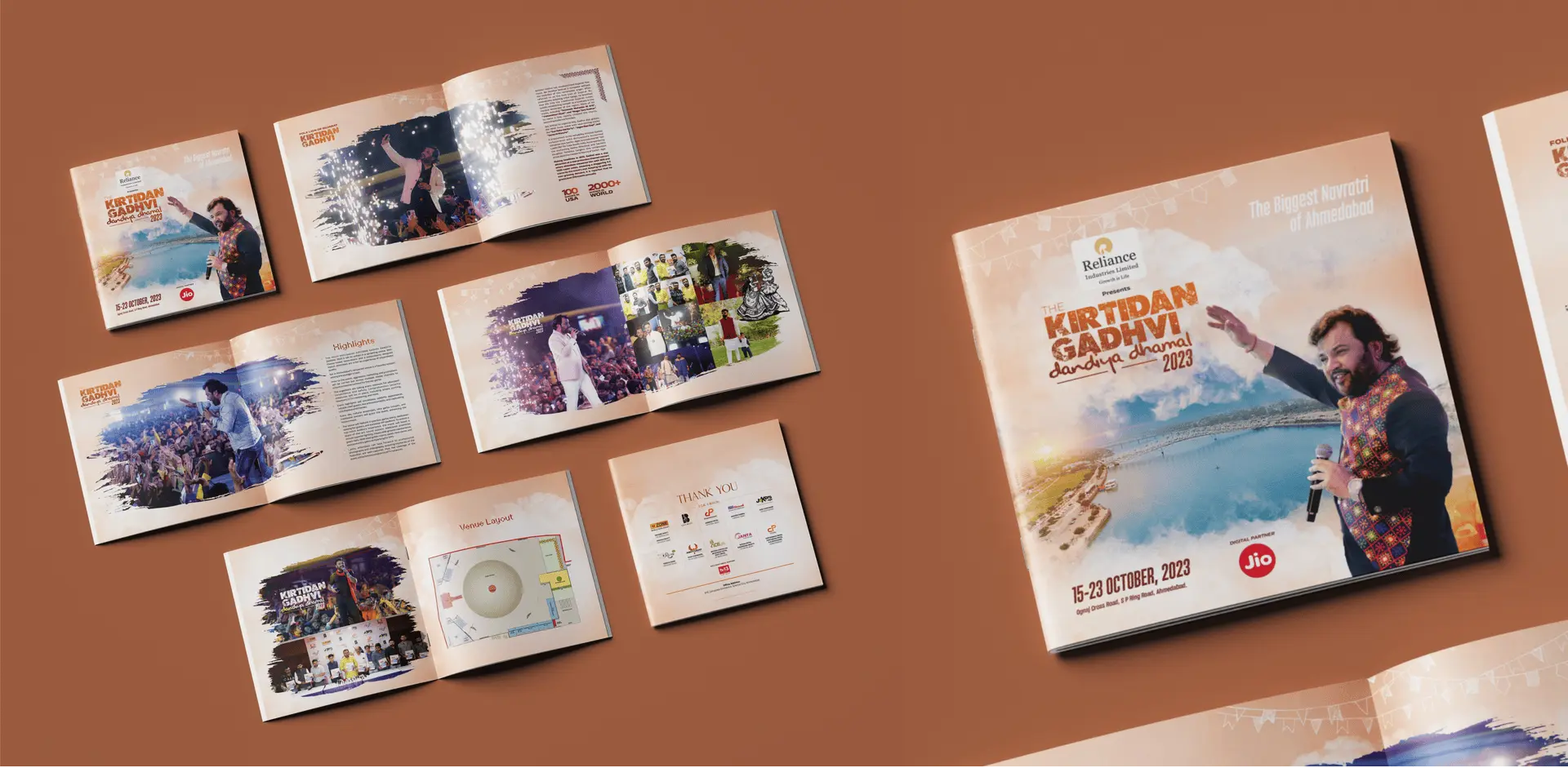 Garba festival event branding with stage design, hoardings, and promotional visuals in Ahmedabad