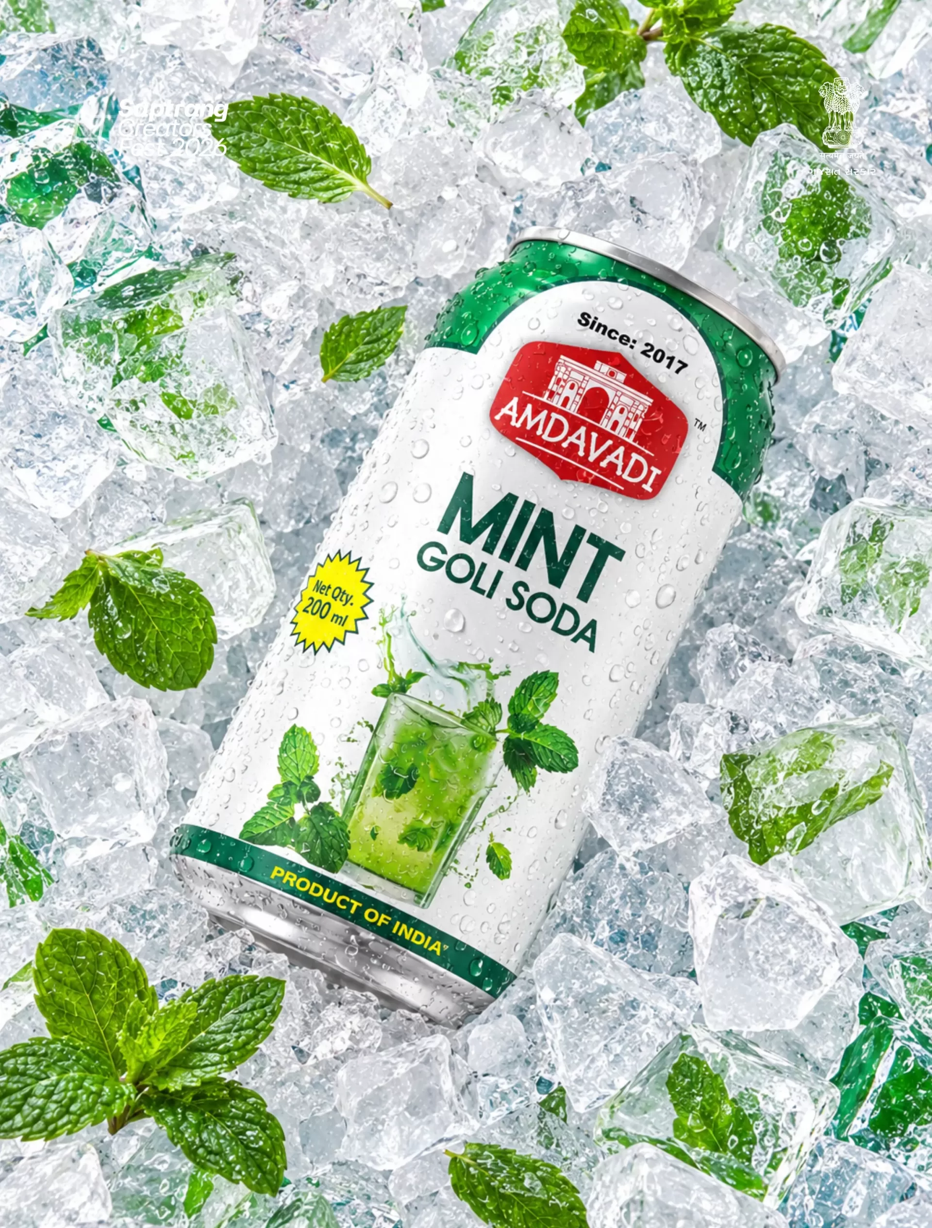 Amdavadi Mint Gold Soda can displayed on crushed ice