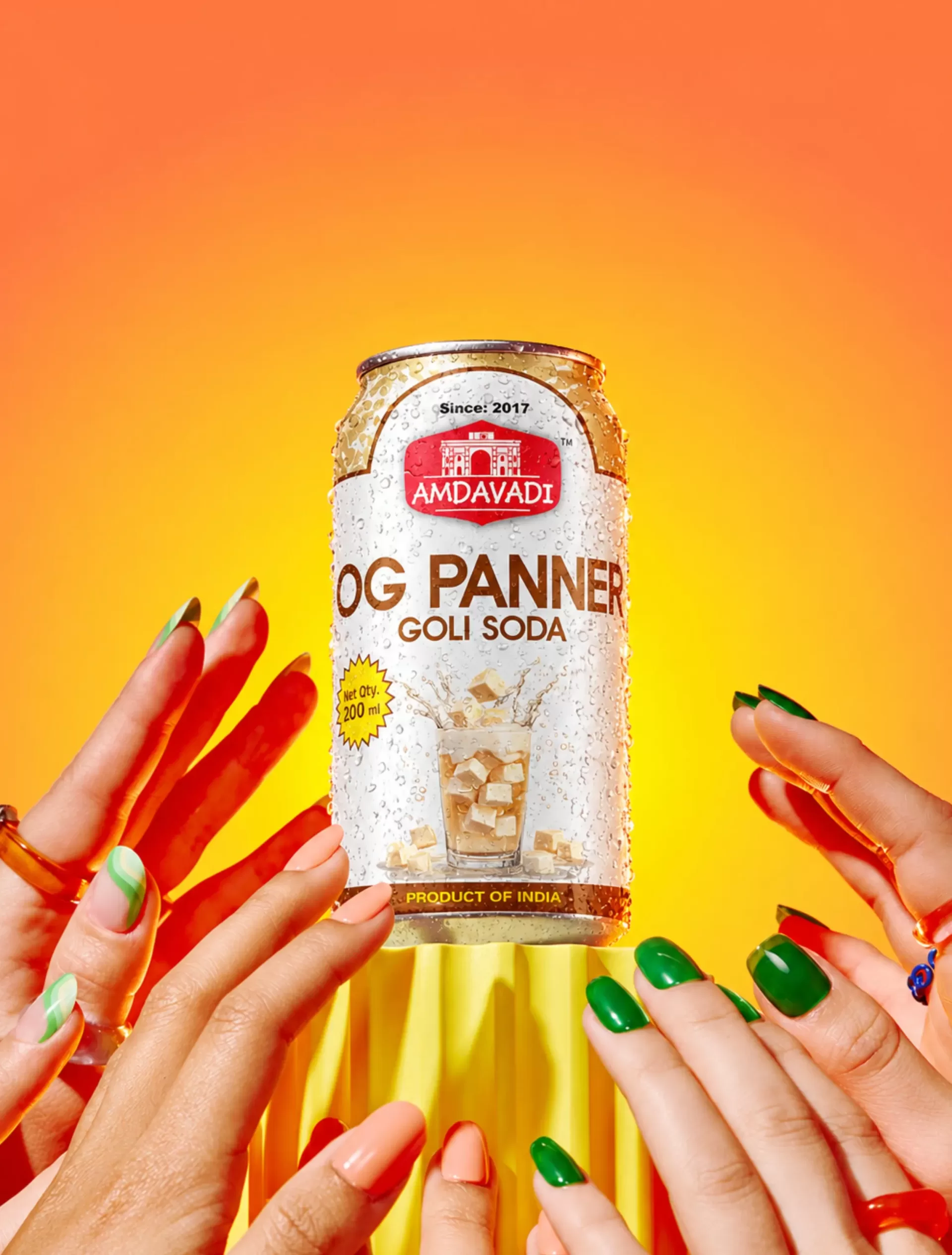 Amdavadi Gold Soda flavour packaging with vibrant campaign styling
