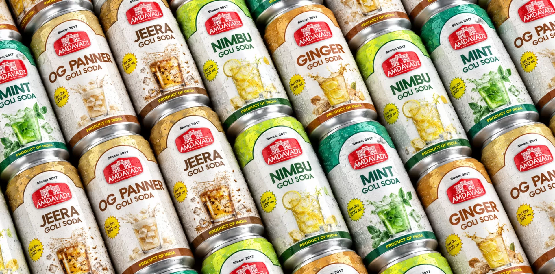 Amdavadi Gold Soda cans with flavour ingredients